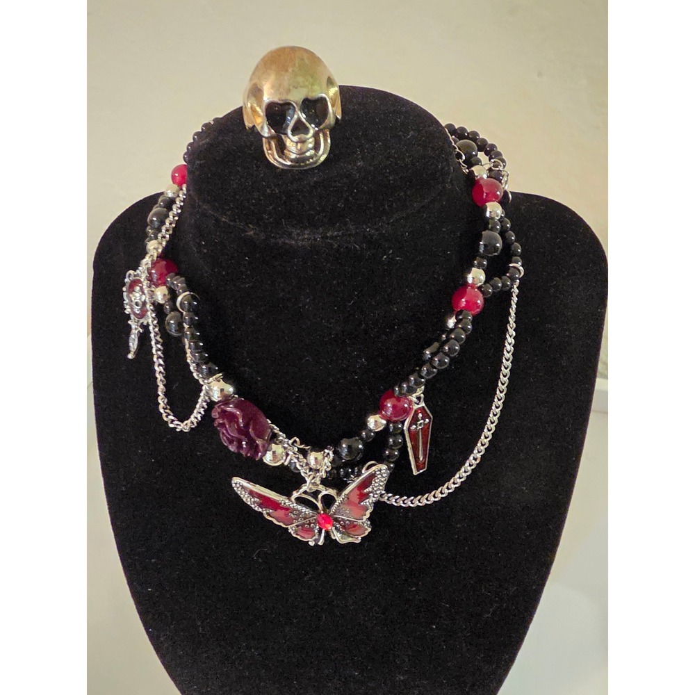 Gothic Butterfly Coffin Beaded Necklace and Skull Ring Set Red Black Silver